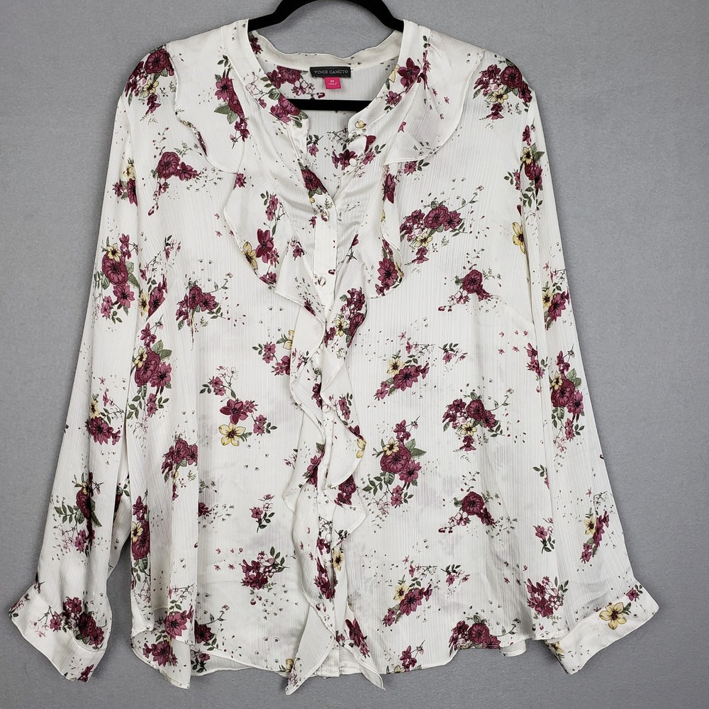 Vince Camuto 2X Ruffled Button Down Blouse White Pink Floral Cottagecore Prairie